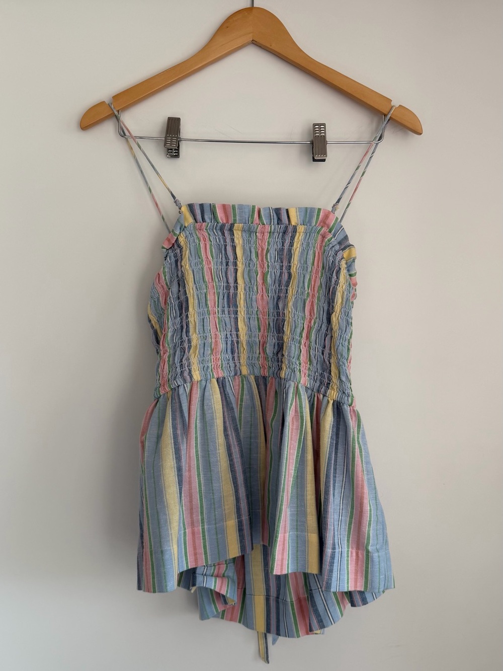 Damson Madder Pastel Striped Smocked Tie Back Peplum Top UK 12
